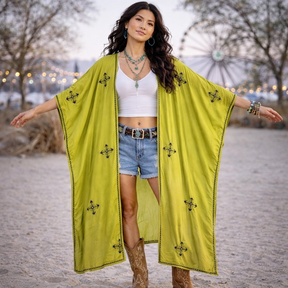 Boho Lime Green Embroidered Sequin Kimono Cardigan Festival Open Front OS
